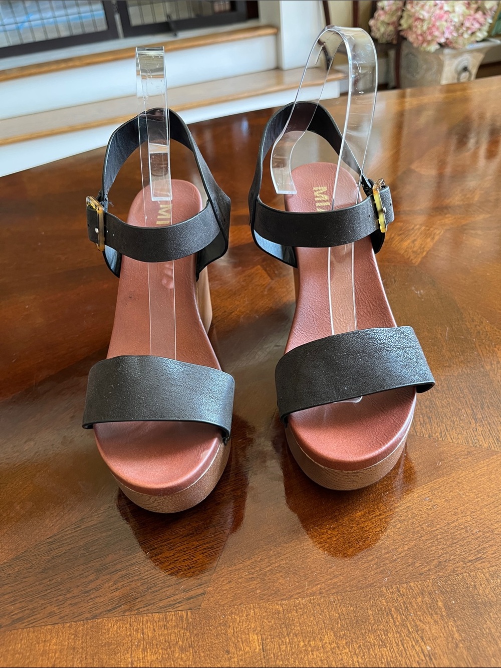 MIA Black Strap Platform Sandals with Brown Footbed